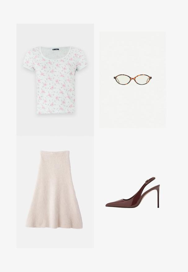 Krátký rukáv, světle mátový top s kulatým výstřihem, s květinovým vzorem v růžové a fialové barvě, vyrobený z měkké, strukturované tkaniny.; Světlé béžové sukně ve tvaru A vyrobená z měkké, texturované látky, má hladký pas a splývavou siluetu.; Tmavě hnědá lakovaná kožená lodička na vysokém podpatku se špičatou špičkou, nastavitelným popruhem a štíhlým jehlovým podpatkem.; Želvovinové brýle s oválnými čočkami a hladkým, jemným povrchem. Má tenké bočnice s jemným zakřivením v chrámcích. Čiré čočky.