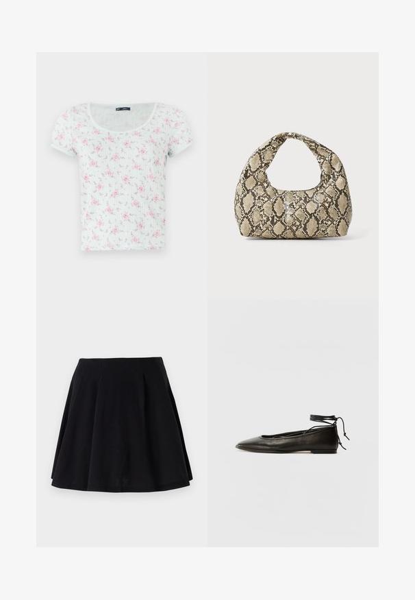 Short-sleeve, light mint top with a rounded neckline, featuring a floral pattern in pink and purple, made of soft, textured fabric.; Black cotton skirt with a flared silhouette, featuring pleats along the waist area and a smooth texture. Suitable for casual wear.; Black leather ballet flats with a pointed toe, ankle tie, and flat sole, featuring a smooth texture and minimalistic design.; Snake-print handbag with a curved handle. Made from textured, beige and brown materials, featuring a distinctive diamond pattern.