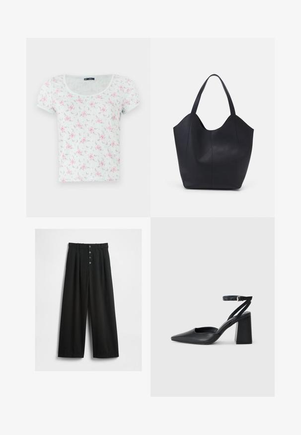 Īsām piedurknēm, viegli piparmētru krāsas tops ar noapaļotu kakla izgriezumu, dekorēts ar ziedu rakstu rozā un purpursarkanā krāsā, izgatavots no mīksta, teksturēta auduma.; Platas kājas melni bikses, izgatavotas no teksturēta auduma. Iezīmēts augsts viduklis, piecu pogu priekšpusē ar aizdari, un nospiesti pleci papildu detaļai.; Melna ādas augstpapēžu kurpe ar norakstīto purngala formu, potītes siksniņu un masīlu papēdi. Gluda tekstūra, elegants dizains un minimālisma estētika.; Melnas rokassomas, kas izgatavota no gludas ādas, ar izliekto atvērto augšu, divām plecu jostām un minimālistisku dizainu.