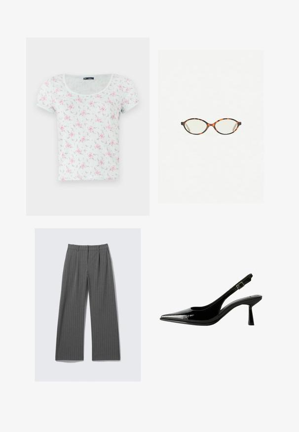 Krótki rękaw, jasno miętowy top z okrągłym dekoltem, zdobiony kwiatowym wzorem w różowym i fioletowym, uszyty z miękkiej, teksturowanej tkaniny.; Szare spodnie w szerokim kroju z prążkami, z przodu z zakładkami i pętelkami na pasek, leżące płasko na białym tle.; Czarne lakierowane pantofle na obcasie typu slingback z ostrym noskiem, wyciętymi bokami, regulowanym paskiem na kostce i cienkim, smukłym obcasem.; Okulary w kolorze tortoiseshell z owalnymi soczewkami i gładkim, eleganckim wykończeniem. Posiadają cienkie boki z delikatnym łukiem w okolicy skroni. Przezroczyste soczewki.; Czerwona skórzana torebka na ramię o zakrzywionym kształcie, gładkiej fakturze i zamek błyskawiczny. Posiada cienką rączkę do noszenia.