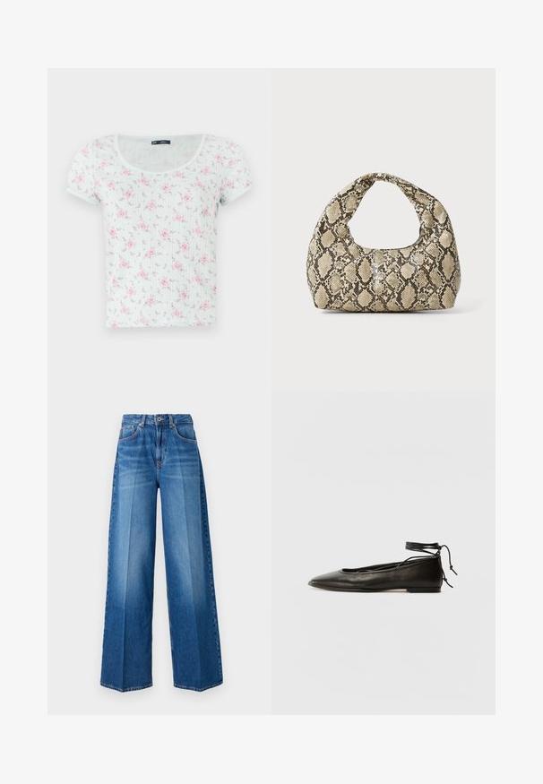 Helles Mint-Top mit kurzen Ärmeln und rundem Ausschnitt, verziert mit einem floralem Muster in Pink und Lila, aus weichem, strukturiertem Stoff.; Weite Jeans in mittlerem Blauton mit klassischem Fünf-Taschen-Design, Gürtelschlaufen und Reißverschluss.; Schwarze Leder-Ballerinas mit spitzem Zehenbereich, Knöchelband und flacher Sohle, die eine glatte Textur und ein minimalistisches Design aufweisen.; Schlangenmuster-Tasche mit einem gebogenen Griff. Hergestellt aus strukturierten, beige- und braunfarbenen Materialien, die ein markantes Diamantmuster aufweisen.