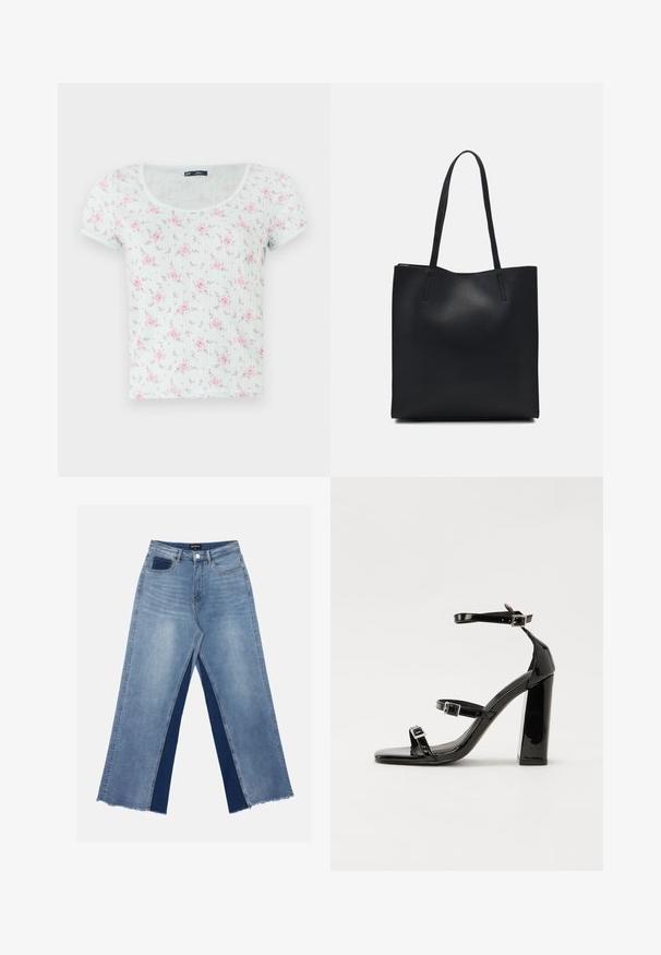Rövid ujjú, világos menta felső, kerek nyakkivágással, rózsaszín és lila virágmintával, puha, texturált anyagból készült.; Világoskék, bőszárú farmernadrág, kontrasztos sötétkék panelekkel, szálkás szegélyekkel, valamint normál derekú, fém gombos záródással.; Fekete lakk magas sarkú szandál négyzet alakú orral, bokapántokkal és ezüst csatokat tartalmaz. Masszív blokk sarka a stabilitásért felel.; Fekete bőrtáska sima felszínnel, téglalap alakú, két hosszú füllel. Nincs látható fémkiegészítő vagy díszítés.