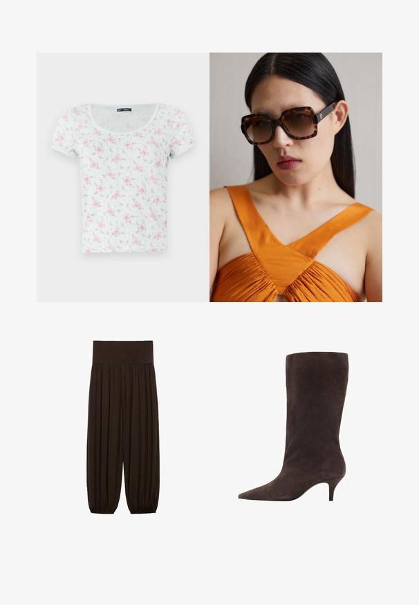 Top cu mânecă scurtă, de nuanță mentă deschisă, cu un decolteu rotund, având un model floral în roz și mov, realizat dintr-un material moale și texturat.; Pantaloni plisati maro cu un talie elastică și lată. Țesătura este ușoară și texturată, având tivuri strânse la manșete.; Botă din suede maro, până la genunchi, cu vârf ascuțit și toc mediu, având o textură netedă și un design elegant.; Ochelari de soare supradimensionați, cu rame dreptunghiulare largi, în nuanțe de tortoise brown și lentile cu gradient. Detaliu cu logo auriu pe lateral.; Geantă de umăr din suede maro, cu un design triangular, curele de umăr lungi și un capac mare deschis cu un detaliu de mânere decupate.