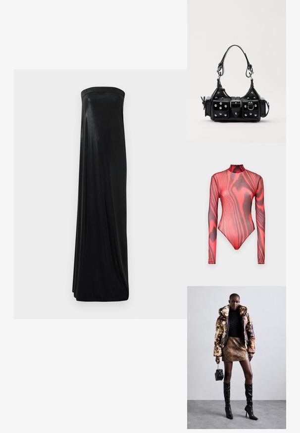 Langærmet bodysuit lavet af gennemsigtigt rødt mesh med sorte tigerstribe mønstre, med høj hals og lynlås lukning bagpå.; Sort stropløs maxikjole lavet af glat, skinnende stof. Har en tætsiddende bodice og en svungende silhuet, der når gulvet uden udsmykninger.; Pufferjakke med et brunt og sort mønster, parret med en brun slangeskinds mini nederdel, sorte støvler op til knæet og en lille sort taske.; Sort læderhåndtaske med et buet design, prydet med sølvfarvede nitter, en spænde og to sidelommer. Justerbar rem til forskellige bære muligheder.