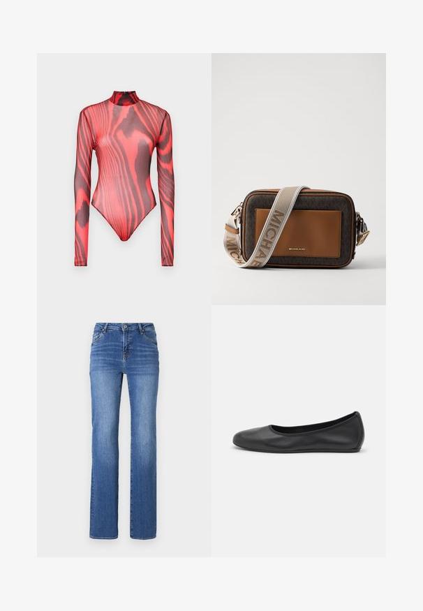 Langærmet bodysuit lavet af gennemsigtigt rødt mesh med sorte tigerstribe mønstre, med høj hals og lynlås lukning bagpå.; Blå denim jeans med lige pasform, fem lommer og knaplukning. Stoffet har en let gradientvask og synlige sømme.; Sort læderballetsko med rund tå, glat tekstur, minimal syning og et fleksibelt såldesign.; Brun læder og monogram canvas crossbody taske med et guld logo, kontrasterende tan detalje og en tekstureret stofrem.