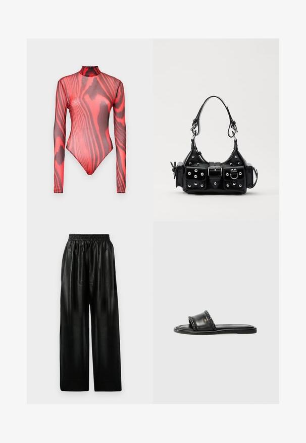 Long-sleeve bodysuit made of sheer red mesh with black tiger stripe patterns, featuring a high neck and zip closure at the back.; Black leather wide-leg pants with an elastic waistband, featuring two side pockets and a smooth, shiny texture.; Black leather sandal with a woven strap detail, flat sole, and a sleek design. Smooth texture and minimalistic profile.; Black leather handbag with a curved design, featuring silver studs, a buckle, and two side pockets. Adjustable strap for carrying options.