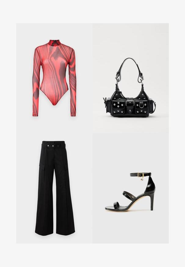 Garās piedurknes bodijs, izgatavots no caurspīdīgas sarkanas acs ar melniem tīģera svītru rakstiem, ar augstu apkakli un rāvējslēdzēja aizdari aizmugurē.; Melni plats kāju bikses ar augstu jostasvietu, kas aprīkotas ar lielām sānu kabatām, divām priekšējām pogām un cilpas detaļu. Izgatavotas no izturīga auduma.; Melnas lakota ādas sandalēs ar trim siksnām, potītes sprādzi un 4 collu stiletto papēdi. Iespējas ar zelta detaļām un logotipa piekariņu.; Melnas ādas rokturmais ar izliekumu, ar sudraba iedurtiem, sprādzi un divām sānu kabatām. Regulējams siksniņas garums dažādām nēsāšanas iespējām.