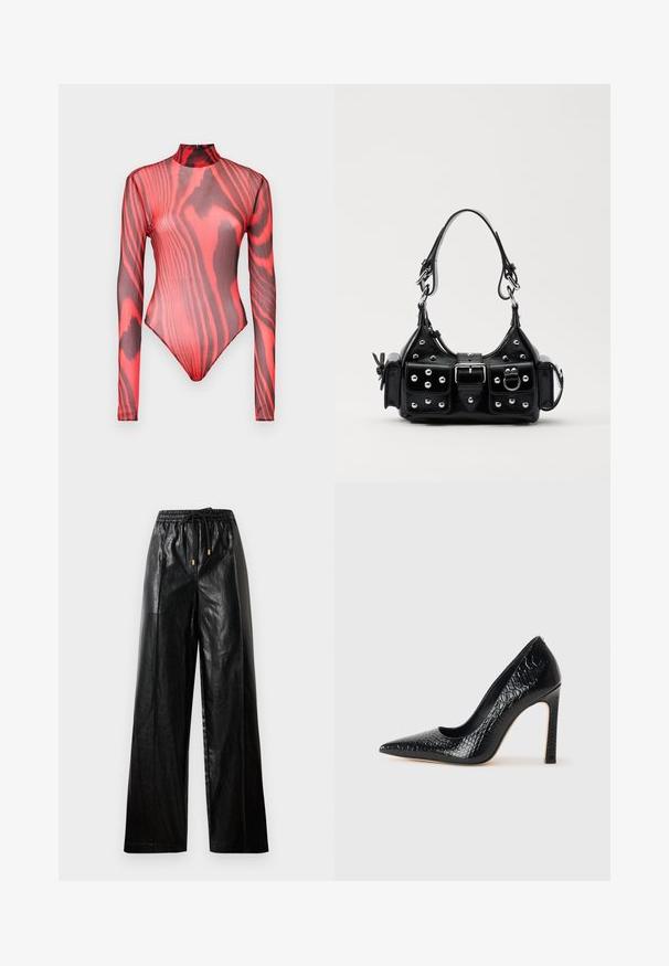 Body a maniche lunghe realizzato in mesh rosso trasparente con motivi a strisce di tigre neri, caratterizzato da un collo alto e chiusura con zip sulla schiena.; Pantaloni ampi in pelle nera con cintura elastica, cordoncino e accenti in metallo dorato. Texture liscia e vestibilità ampia.; Scarpa nera con punta a punta alta in pelle di coccodrillo, caratterizzata da un design elegante, alto tacco a spillo e interno nero liscio.; Borsa a mano in pelle nera con design curvo, caratterizzata da borchie argentate, una fibbia e due tasche laterali. Tracolla regolabile per diverse opzioni di trasporto.