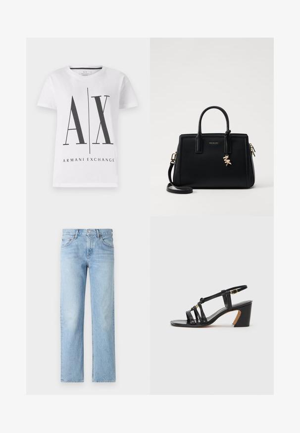 Balts kokvilnas T-krekls ar melnu "AX" logotipu un tekstu "ARMANI EXCHANGE". Klasiska apaļa kakla, īsas piedurknes un brīvs piegriezums.; Gai zili džinsi ar taisnu piegriezumu, piecām kabatām, ar pogu un rāvējslēdzēju, un nedaudz nodilušu apdari.; Paul Smith AMIRA - Klasiski papēži - black; Melnas ādas rokas soma ar strukturētu dizainu, dubultiem augšējiem rokturiem, noņemamu plecu siksnu, zelta aparatūru un logo piekariņu akcentu.