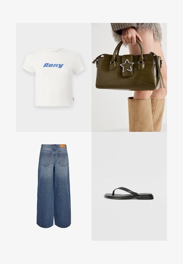 Weißes Baumwoll-T-Shirt mit Rundhalsausschnitt, auf dem ein großes blaues "Roxy"-Logo über der Brust gedruckt ist. Mit kurzen Ärmeln und normaler Passform.; Weite Denim-Culottes in mittlerem Blauton mit einer ausgewaschenen Textur, ausgestattet mit zwei Gesäßtaschen und einem braunen Leder-Logoschild am Bund.; Schwarze Flip-Flops aus glattem Leder, mit einem dünnen Riemendesign und einer flachen Sohle mit minimalem Profil. Keine bemerkenswerten Muster oder Akzente.; Olivgrünes Kunstlederhandtasche mit silbernem Sternakzent, doppelten Griffen und einem Reißverschluss. Strukturierten Form und texturierten Oberfläche.