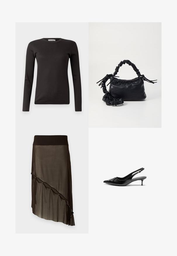 Black long-sleeve ribbed T-shirt with a round neckline, made of soft fabric, featuring a basic design without embellishments or patterns.; Black mesh skirt with a fitted waistband, asymmetrical hem, decorative buttons along the front, and layered sheer texture.; Black leather slingback heels with a pointed toe, small kitten heel, and a decorative knot detail on the front. Smooth texture throughout.; Black faux leather handbag with a crocodile texture, cinched top, and a scrunched strap. Appears soft and compact in design.