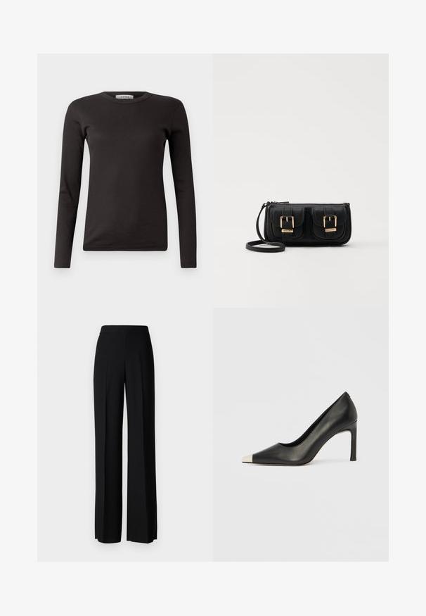 Tricou negru cu mânecă lungă, din material reiat, cu decolteu rotund, confecționat dintr-un material moale, având un design simplu, fără ornamente sau modele.; Pantaloni negri cu picioare largi, cu o textură netedă, având o talie înaltă și pliseuri centrale. Fără modele vizibile sau detalii de hardware.; Pantof cu toc înalt din piele neagră, cu vârf ascuțit și un capac metalic argintiu. Are un finisaj neted și un toc subțire de 10 cm.; Geantă neagră din piele, tip crossbody, cu două buzunare frontale, catarame aurii, închidere cu fermoar și o curea subțire. Suprafață texturată și formă rectangulară compactă.