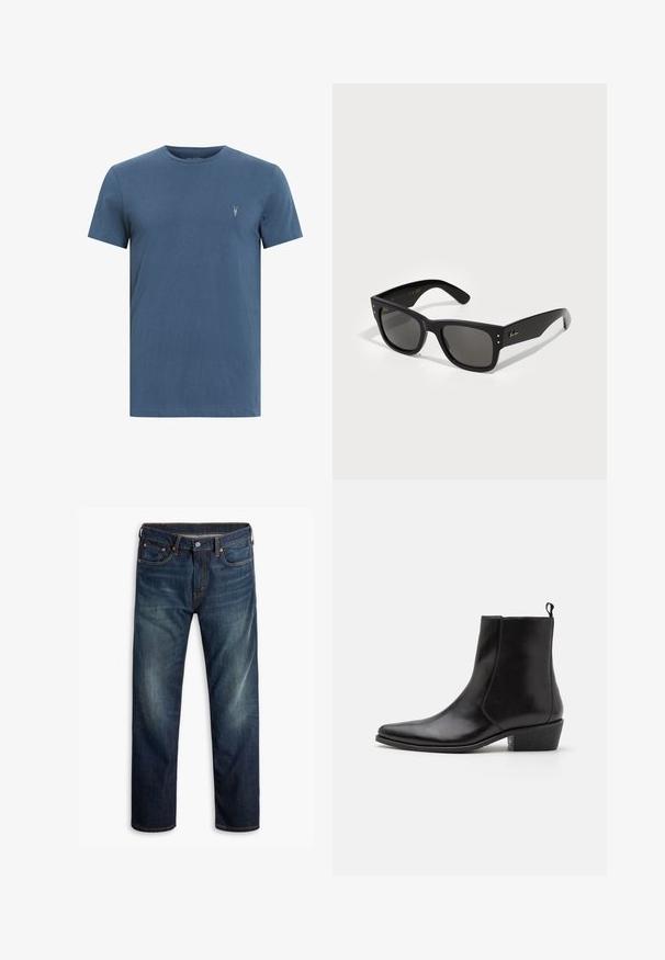 AllSaints TONIC CREW - Navadna majica - admiral blue; Temno modri kavbojski hlače z blagim zbledelostjo na stegenih, zasnova s petimi žepi, zapiranje na gumb in vidne oranžne šive na beli podlagi.; Zign LEATHER - Gležnjar v kavbojskem in motorističnem slogu - black; Črne sončne očala s kvadratnim okvirjem, ki imajo temna leča. Okrašena z malimi zlatimi pikami in zlatim logotipom na ročaju. Gladka tekstura.