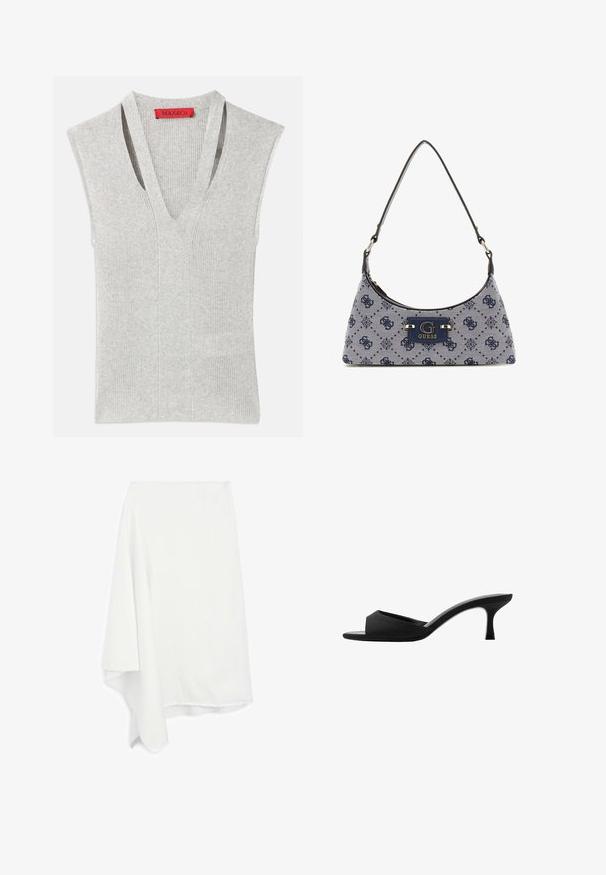 Grauer ärmelloser Oberteil mit tiefem V-Ausschnitt, gerippter Textur und subtilen vertikalen Nähten. Logosticker in Rot am Ausschnitt.; Asymmetrischer weißer Rock aus weichem, leichtem Material; ausgefranster Saum; glatte Textur; fällt auf einer Seite elegant.; Schwarze Absatzmules mit einer breiten, offenen Zehenpartie und einem geschwungenen Oberteil. Hergestellt aus strukturiertem Stoff, mit einem schlanken Absatz und einer glatten Sohle.; Hobo-Handtasche aus navyblauem Stoff mit einem Diamantmuster, ausgestattet mit einem Logo-Schild und einem glatten Schultergurt. Strukturiert Oberfläche.