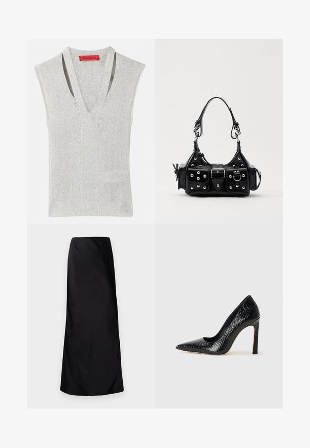Haut sans manches gris avec un décolleté en V profond, texture côtelée et coutures verticales subtiles. Étiquette de logo rouge au niveau du col.; Norma Kamali BIAS OBIE SKIRT - Jupe longue - black; Escarpin noir à bout pointu avec texture en cuir de crocodile, présentant un design élégant, un haut talon aiguille et un intérieur noir lisse.; Sac à main en cuir noir au design courbé, avec des clous en argent, une boucle et deux poches latérales. Bandoulière réglable pour différentes options de transport.