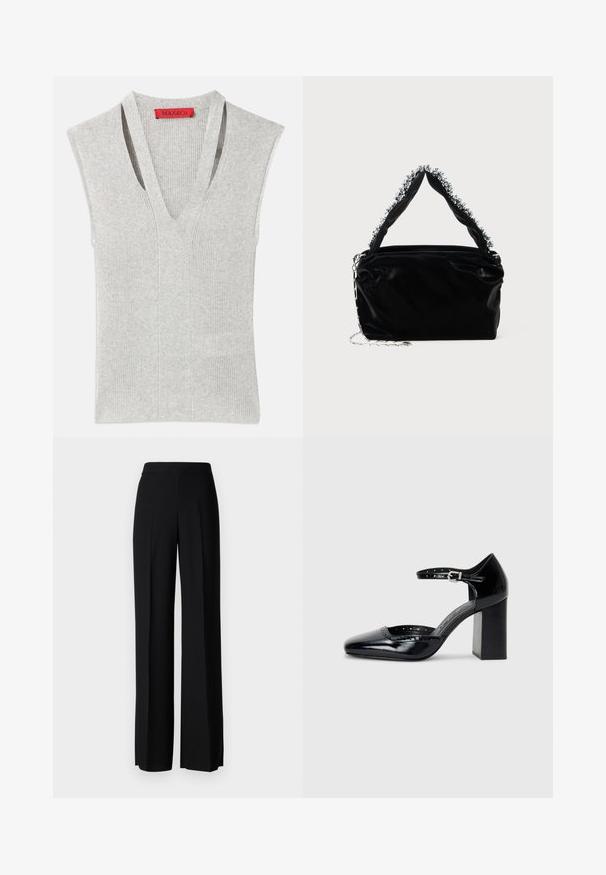 Grijze mouwloze top met een diepe V-hals, ribbelstructuur en subtiele verticale naden. Logo-label in het rood bij de hals.; Zwarte wijde broek met een gladde textuur, voorzien van een hoge tailleband en middelste plooien. Geen zichtbare patronen of hardware-details.; Zwarte lakleren hoge hakken met een vierkante neus, enkelbandje en een chunky hak. Inclusief geperforeerde details langs de rand.; Zwarte nep leren handtas met een gestructureerde afwerking, voorzien van een bewerkte zilveren accent langs de bovenste handgreep en een schouderband van kettingen.