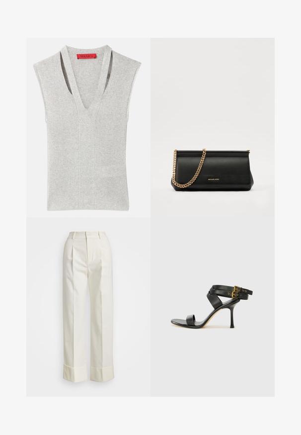Siva brezrokavnik s globokim V-izrezom, rebrasto strukturo in subtilnimi vertikalnimi šivi. Oznaka s logotipom v rdeči barvi na ovratniku.; Bela krojena hlače z visokim pasom, dvema sprednjima pregiboma in širokimi nogami s prepognjenimi manšetami. Narejene so iz gladkega, teksturiranega blaga.; Črne sandale na peto z križnimi trakovi in prilagodljivo zaponko. Imajo gladko teksturo in zožen peto.; Črna usnjena torbica z zlatim verižnim trakom, z gladko teksturo, pravokotno obliko in embosiranim logotipom spredaj.