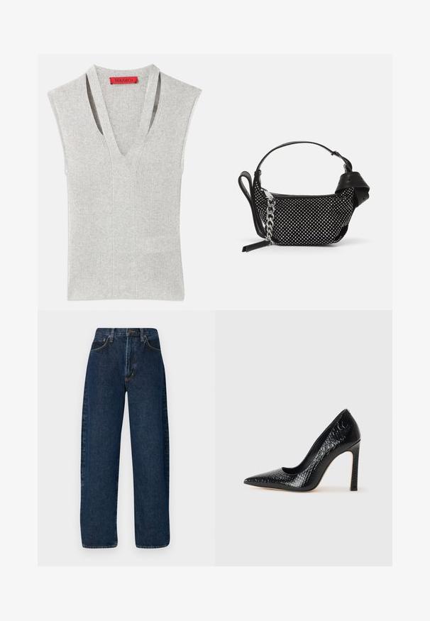 Šedý bezrukávový top s hlubokým výstřihem do V, ribovanou texturou a jemnými vertikálními švy. Logo štítek v červené barvě na výstřihu.; Široké modré džíny s vysokým pasem, které mají klasický pětikapsový design a kontrastní prošívání podél švů.; Černý lodičkový bot s špičatou špičkou, pokrytý texturou krokodýlí kůže, s elegantním designem, vysokým stiletto podpatkem a hladkým černým interiérem.; Černá kabelka s cvočky, řetízkem a hladkým koženým držadlem, kulatého tvaru a se zipovou kapsou.