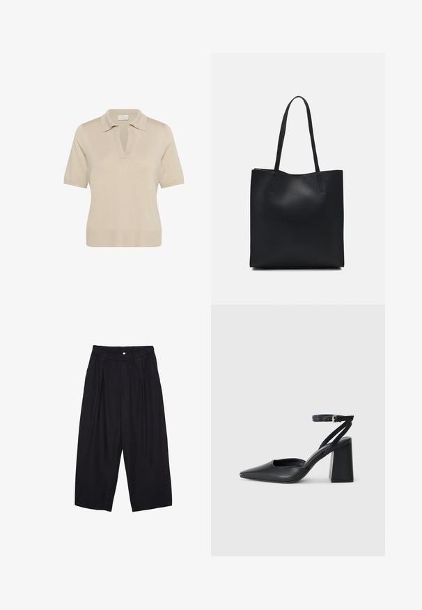 Polo en maille beige avec un col en V et des manches courtes. Doté d'un col et d'un ourlet côtelé, fabriqué à partir d'un tissu doux et texturé.; Pantalon culotte noir en polyester avec une taille élastique, deux plis avant et une silhouette ample. Pas de motifs visibles ni de détails matériels.; Escarpin noir en cuir à bout pointu avec une bride de cheville et un talon épais. Texture lisse, design élégant et esthétique minimaliste.; Sac fourre-tout en cuir noir avec une texture lisse, de forme rectangulaire et deux longues poignées. Pas de matériel ou d'ornementations visibles.