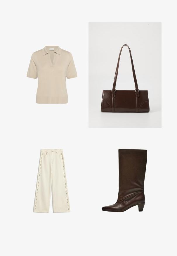 Beige Strickpolohemd mit V-Ausschnitt und kurzen Ärmeln. Verfügt über einen Kragen und einen gerippten Saum, gefertigt aus weichem, strukturiertem Stoff.; Helle cremefarbene weit geschnittene Jeans mit Metallnieten entlang der äußeren Nähte, fünf Taschen und einem normalen Knopfverschluss.; Dunkelbraune Lederstiefel bis zur Mitte der Wade mit niedrigem Blockabsatz, spitzem Schuh sowie leicht schlaffem Schaft vor einem weißen Hintergrund.; Braune Lackleder-Handtasche in rechteckiger Form, mit zwei langen Griffen und subtilen, geschwungenen Akzenten auf der Vorderseite.