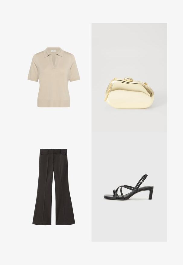 Bežani pleteni polo majica s V-izrezom i kratkim rukavima. Ima ovratnik i rebrasti rub, izrađena od mekanog, teksturiranog materijala.; Crne široke hlače s visokim strukom; sadrže dva prednja džepa i glatku teksturu materijala. Pogodne za razne prigode.; Crne sandale s trakama, kvadratnim prstom i niskom blok petom. Ima više tankih trakica i podesivu trakicu oko gležnja. Izrađene su od glatke kože.; Metalni zlatni clutch s glatkim, zaobljenim oblikom, s gornjim kopčom na dugme i malim lancem za nošenje.