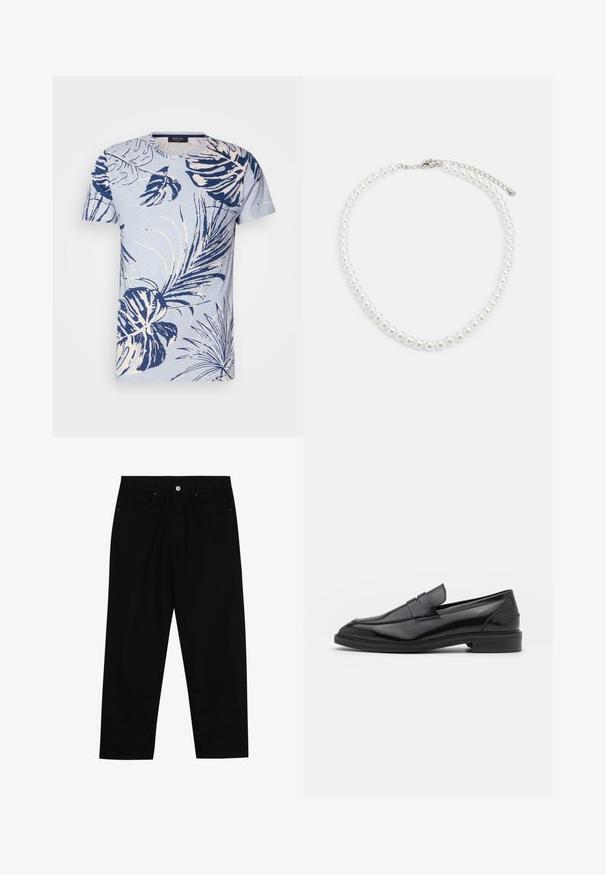 Lichtblauw kortemouw t-shirt met een witte en marineblauwe tropische bladerenprint. Ronde hals, zachte textuur, ontspannen pasvorm en geen zichtbare hardware.; Zwarte denim broek met een recht gesneden pasvorm, vijf gebruikersvriendelijke zakken en een sluiting met een knoop aan de voorkant. Soepele textuur met minimale stikdetails.; Zwarte leren instappers met een gladde afwerking, voorzien van een ronde neus en een smalle band over de bovenkant. Lage gestapelde hak.; Witte parelketting met een uniforme ronde vorm, gladde oppervlakte en een metalen sluiting met een uitbreidingsketting voor verstelbare lengte.