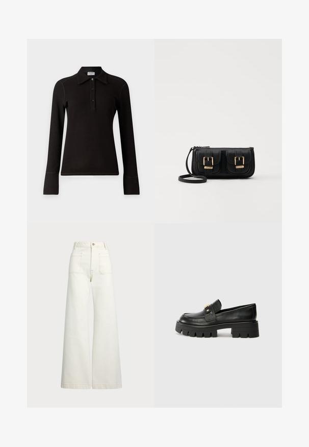 Filippa K Hosszú ujjú felső - black; Széles szárú farmernadrág off-white denim anyagból. Magas derekú dizájn, gombos záródással, két elülső zsebbel és kontrasztos varrási részletekkel.; Fekete bőr loaferek masszív talppal, elöl arany színű díszítéssel és sima felülettel. A talpon vastag mintázat található.; Fekete bőr keresztbody táska két elülső zsebbel, arany csattokkal, cipzáras záródással és vékony pánttal. Textúrált felület és kompakt téglalap alak.