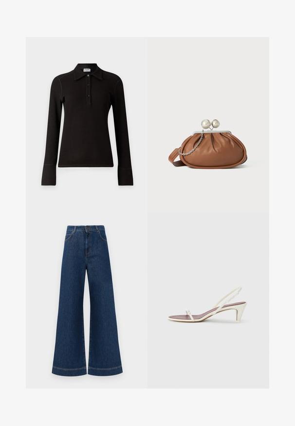 Filippa K - Bluzka z długim rękawem; Szerokie dżinsy w kolorze niebieskim z wysokim stanem, z zapięciem na guzik, szlufkami na pasek oraz subtelnymi detalami stębnowania wzdłuż kieszeni i brzegów.; Białe sandały na koturnie z cienkimi paskami i gładką skórzaną fakturą; zawierają małą dekoracyjną klamrę.; Brązowa skórzana kopertówka z srebrnym zapięciem w kształcie kuli oraz małym srebrnym łańcuszkiem na białym tle.