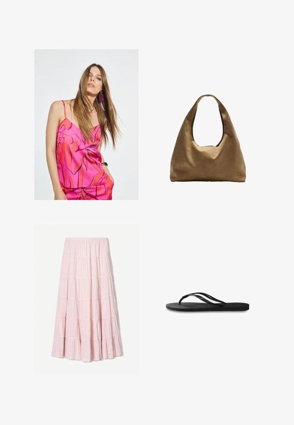 Hedvábná ružová tielko s kvetinovým potlačou v červenej a modrej farbe, s tenkými ramienkami a voľným strihom. Výrazné náušnice dotvárajú vzhľad.; Svetloružová maxi sukňa s viacerými vrstvami, vyrobená z textilného, ľahkého materiálu. Elastický pás a splývavý lem s riasenými akcentmi.; Čierne žabky s textúrovanou gumovou podrážkou, dvoma štíhlymi popruhmi a diskrétnym embosovaným logom na popruhu.; Hnedá látková taška cez rameno s širokým, zaobleným telom a veľkým vyrezaným uchom. Mäkčená textúra, minimalistický dizajn a bez viditeľného kovania.