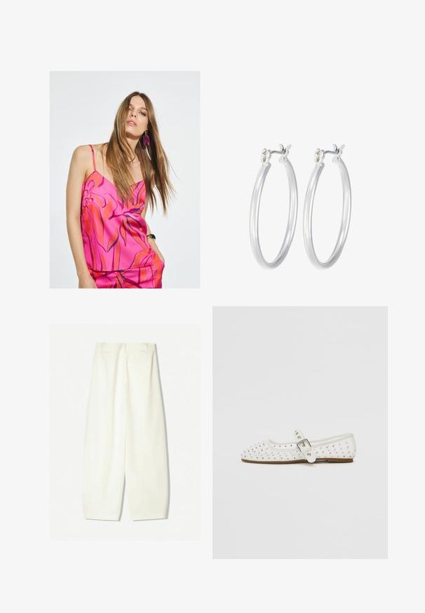 Jedwabny różowy top na ramiączkach z kwiatowym wzorem w czerwieni i niebieskim, z cienkimi ramiączkami i luźnym krojem. Wyraziste kolczyki dopełniają całość.; Szerokie spodnie w miękkim kremowym materiale, z gładką teksturą, przednimi kieszeniami oraz luźnym krojem z średnim stanem.; Białe płaskie buty z ostro zakończonym noskiem, ozdobione srebrnymi ćwiekami, posiadają pasek z klamrą wzdłuż podbicia i jasnobrązową podeszwę.; Srebrne kolczyki w formie kółek o gładkim, polerowanym wykończeniu. O okrągłym kształcie i pewnym zapięciu na klik. Lekka konstrukcja odpowiednia do codziennego noszenia.