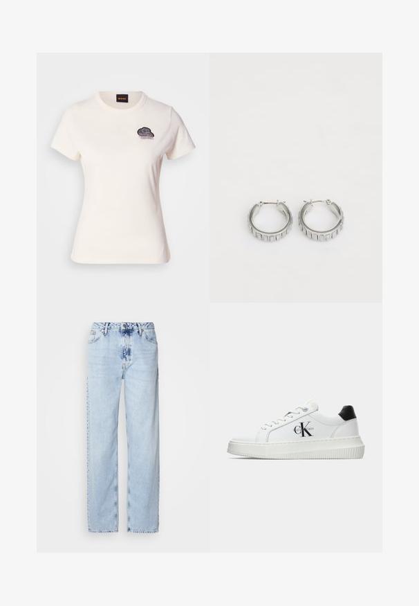 Camiseta de algodón blanca con cuello redondo y mangas cortas. Presenta un diseño de nube bordado en negro con detalle de flecos en el pecho.; Jeans de pierna ancha en azul claro, confeccionados en denim, con una cintura alta, un lavado desgastado y un sutil patrón de tie-dye en la parte delantera.; Zapatilla baja blanca con talón negro, suela de plataforma, cordones y logotipo "CK" de Calvin Klein en el lado.; Pendientes de aro plateados con un diseño texturizado que presenta estrías verticales. Forma circular con un cierre de seguridad. Acabado suave.
