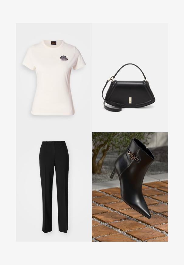 White cotton t-shirt with a round neck and short sleeves. Features a black embroidered cloud design with fringe detail on the chest.; Black tailored trousers with a straight-leg design, featuring a smooth texture and crisp creases along the front. No visible hardware.; Black leather ankle boot with pointed toe and small heel. Features a gold chain accent on the ankle. Surrounded by a textured stone surface.; Black leather handbag with a structured design, featuring a cropped shape, top handle, and gold hardware accent. Adjustable shoulder strap included.