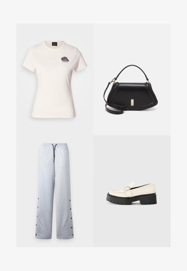 Witte katoenen T-shirt met een ronde hals en korte mouwen. Heeft een zwart geborduurd wolkendesign met franjes op de borst.; Lichtgrijze trainingsbroek met een glanzende textuur, voorzien van een elastische tailleband, zwarte koord en drukknoopjes langs de zijnaad.; Witte leren loafer met een stevige zwarte plateauzool, voorzien van een rechthoekige zilveren gesp en zichtbare stiksels op de bovenkant.; Zwarte leren handtas met een gestructureerd ontwerp, featuring een verkorte vorm, bovenhandvat en gouden hardwareaccent. Inclusief verstelbare schouderband.