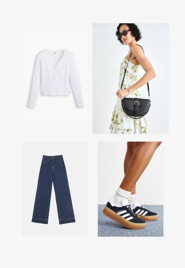 Balts, garām piedurknēm ribots krekls ar V veida dekoltē, pogu aizdari priekšpusē un taisnu apakšmalu. Detaļas ietver mazu zīmola etiķeti apakšējā pusē.; Platās kājas džinsi tumši zilā denima krāsā. Iespējas: piecas kabatas, siksnu cilpas un neapstrādāta apakša ar redzamām šuvju detaļām.; Melnas zamšādas sporta kurpes ar baltām svītrām un akcentiem, apaļa purngala daļa, gumijas zole, kopā ar baltām ribotām sporta zeķēm.; Melnas ādas rokassoma ar izliekta formu, noņemamu siksnu un zelta aksesuāriem. Somai ir vāciņš ar sprādzes detaļu.