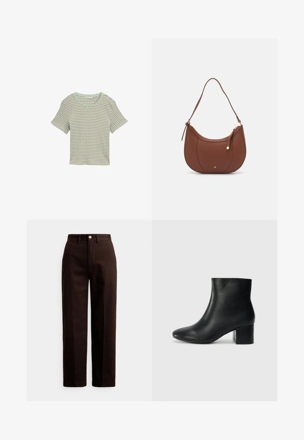 Gestreept T-shirt met korte mouwen in lichtgroen en wit. Kenmerkt een ronde halslijn en zachte, gestructureerde stof. Casual pasvorm met een ontspannen ontwerp.; Donkerbruine, rechte broek met knoop- en ritssluiting, riemlussen en steekzakken aan de voorkant tegen een witte achtergrond.; Zwarte leren enkellaarzen met een spitse neus en een chunky hak. Gladde textuur met minimale accenten en een slank, strakk ontwerp.; Bruine faux leren schoudertas met een gebogen vorm, minimale stiksels en een gouden hardware-accent. Voorzien van een bovenste ritsluiting en een verstelbare schouderband.