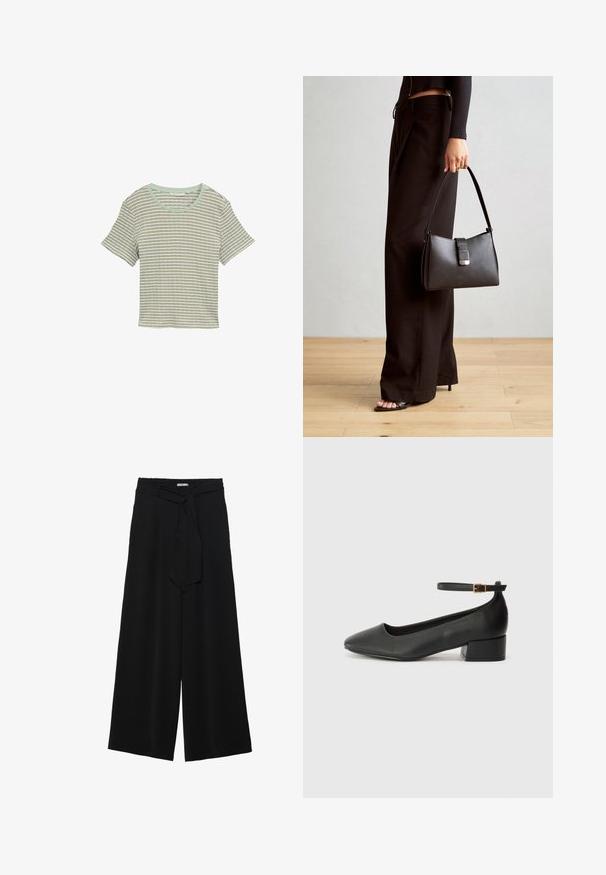 Svītraina īsām piedurknēm t-kreklu gaisā zaļā un baltā krāsā. Ar apaļu apkakli un maigu, teksturētu audumu. Ikdienišķa piegriezte ar brīvu dizainu.; Melni platleņķa bikses ar teksturētu audumu, elastīgu jostu un noņemamu siksnu viduklī, kas nodrošina regulējamu piegulšanu.; Melnas ādas sūkņi ar smailu purngalu un zemu bloku papēdi. Iezīmēts ar potītes siksniņu ar zelta krāsas sprādzi. Gluda tekstūra.; Melnā somiņa ar strukturētu formu, gludu tekstūru un metālu sprādzi. Saskaņota ar platām melnām biksēm un sandālēm ar atvērtu purngalu uz koka grīdas.