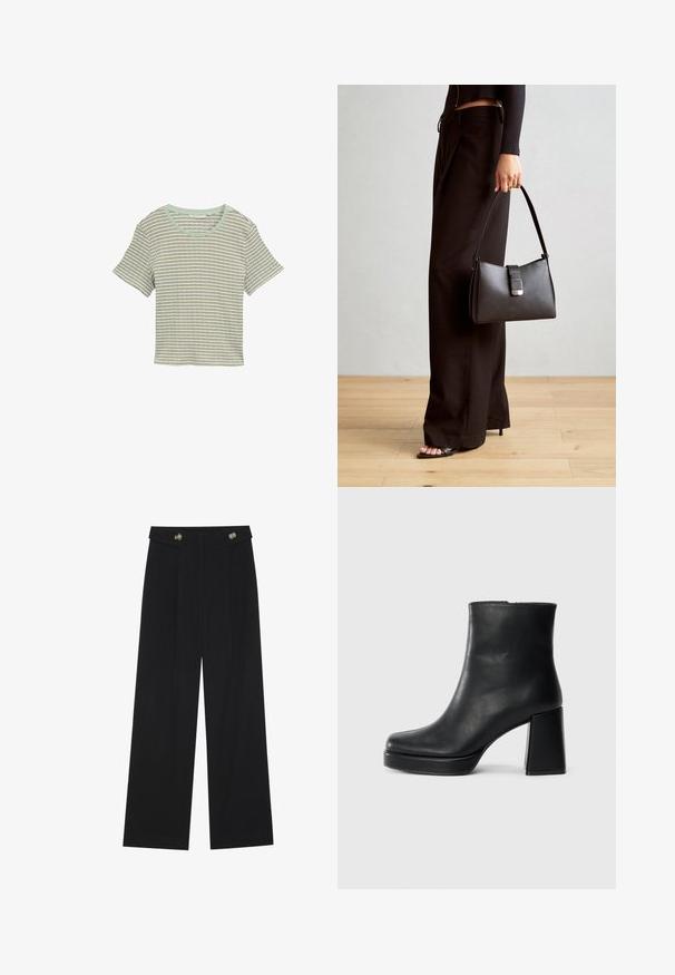Csíkos, rövid ujjú világos zöld és fehér póló. Kerek nyakú, puha, texturált anyagból készült. Lazán illeszkedő, kényelmes fazonnal.; Fekete, bő szárú nadrág magas derékkal, gombos részletekkel a derékrészen és elülső pliszékkal.; Fekete bőr bokacsizma tömbsarkal és platform talppal, oldalról nézve, sima fehér háttéren.; Fekete kézi táska strukturált formával, sima textúrával és fémből készült záródással. Széles fekete nadrággal és nyitott orrú szandállal párosítva, fából készült padlón.