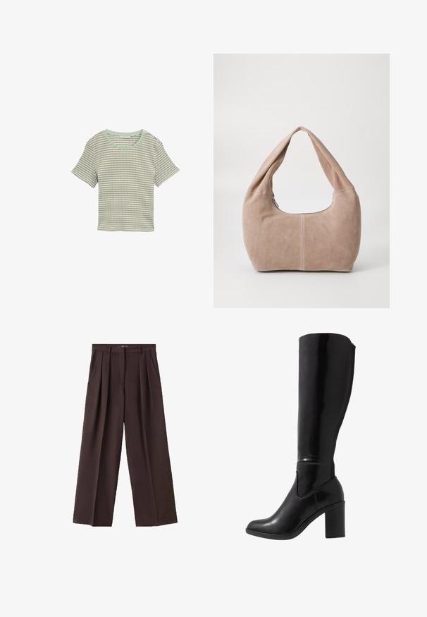 Pasiasty t-shirt z krótkim rękawem w jasnym zielonym i białym kolorze. Posiada okrągły dekolt oraz miękką, teksturowaną tkaninę. Luźny fason z casualowym designem.; Brązowe spodnie szerokie z materiału teksturowanego, z przednimi zaszewkami, kieszeniami bocznymi oraz klasycznym fasonem pasa.; Czarne, błyszczące, chociaż sięgające do kolan, buty na obcasie z okrągłym noskiem, gładką teksturą, szczegółem z wycięciem po stronie i grubo podłożonym obcasem.; Torebka typu hobo wykonana z miękkiego, zamszowego materiału w jasnym beżowym kolorze. Charakteryzuje się zaokrąglonym kształtem, szerokim paskiem oraz zapięciem na zamek.