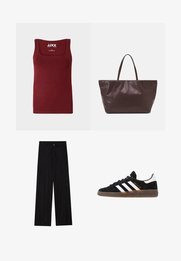 Burgundska majica bez rukava s kvadratnim izrezom. Napravljena od glatkog materijala, ima uski kroj i bez istaknutih detalja ili uzoraka.; Široke črne hlače iz gladkega materiala, ki imajo sprednje žepe in gumbno zapiranje v pasu. Minimalistična zasnova brez vzorcev.; Črne Adidas superge z belimi črtami, zlatim napisom "Spezial", gumo podplatom in belim petnim delom, prikazane v stranskem pogledu.; Brahna tkanina iz usnja v rjavi barvi s tema dvema ročajema, strukturo obliko in teksturirano površino, ki vsebuje diamante vzorec po celotni površini.