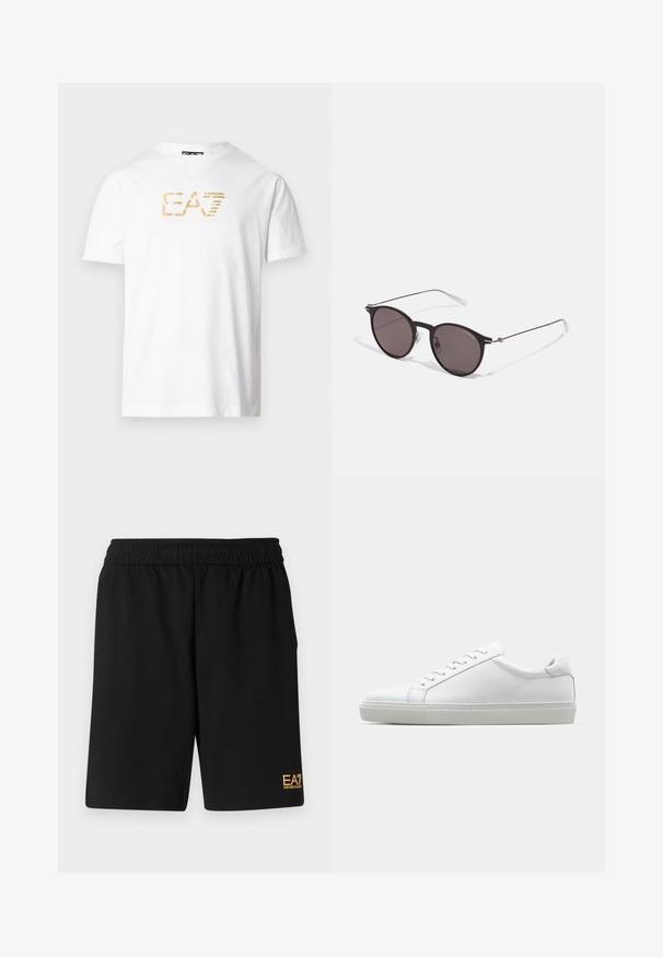 Valge puuvillane T-särk V-kaelusega. Rinnal on kuldne E.A.7 logo, mis loob tekstuurse visuaalse detaili.; Mustad mustad lühikesed püksid, mis on valmistatud pehmest kangast. Omavad elastset vöökohta ja väikest kollast EA7 logo vasakul jalal.; Valge tennisetoss, millel on sile nahk pealis ja madal profiil. Omab ümarat ninaosa, kuut silmust ja tekstuuriga kummist talda.; Mustad mustad prillid tumedate läätsedega ja õhukeste metallist käepidemetega. Kaarja kujuga seljaosa ja hõbedased aktsendid hingel. Minimalistlik disain.