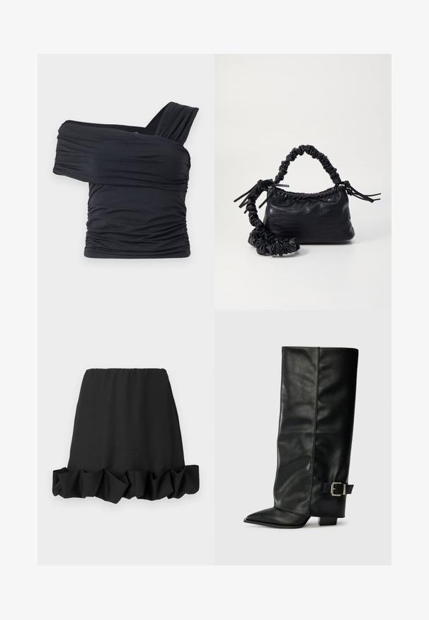 Zwarte off-shoulder top gemaakt van zachte, rekbare stof, met gerimpelde details en een bredere bandontwerp aan één kant.; Zwarte rok met een gekruide onderrand, gemaakt van lichtgewicht stof. Heeft een elastische tailleband voor een comfortabele pasvorm. Eenvoudig en veelzijdig ontwerp.; Zwarte leren enkellange laarzen met een spitse neus, een gladde textuur en een zilveren gesps Accent aan de zijkant. Stevige vierkante hak.; Zwarte nepleer handtas met een krokodillenstructuur, opgedroogde bovenkant en een gekreukte hengsel. Het lijkt zacht en compact van ontwerp.