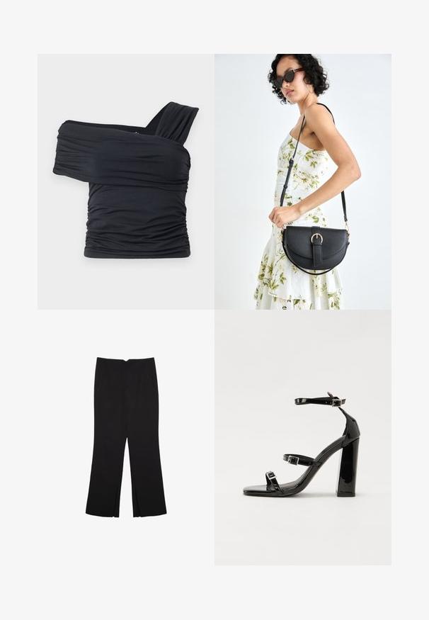 Black off-shoulder top made from soft, stretchy fabric, featuring ruched details and a wide strap design on one side.; Black trousers with a straight fit, featuring front pockets and side slits at the hem. Made of soft, smooth fabric. Suitable for various occasions.; Black patent heeled sandals with a square toe, ankle straps, and silver buckles. Features a chunky block heel for stability.; Black leather handbag with a curved shape, detachable strap, and gold hardware. The bag features a flap with a buckle detail.