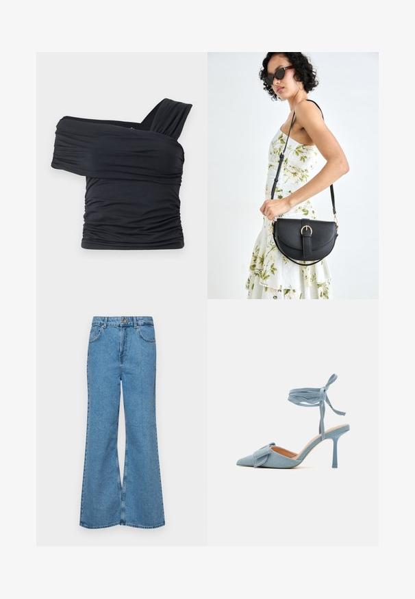 Top noir à épaules dénudées en tissu doux et extensible, présentant des détails froncés et une conception de large bretelle d'un côté.; Jean flare bleu clair en denim, avec une taille haute, cinq poches et une fermeture à un bouton. Texture douce avec une finition décolorée.; Escarpin à bout pointu en tissu bleu clair avec une finition texturée, muni d'un accent en nœud et d'une bride à la cheville pour un maintien sécurisé.; Sac à main en cuir noir avec une forme courbée, bandoulière amovible et des accessoires en or. Le sac est doté d'un rabat avec un détail de boucle.