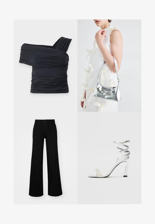 Black off-shoulder top made from soft, stretchy fabric, featuring ruched details and a wide strap design on one side.; Black wide-leg pants made of denim, featuring a structured waistband, belt loops, and front pockets. Smooth texture with a classic design.; Silver high-heeled sandal with a shiny strap design, featuring a pearl-like accent and a spiraled ankle strap for secure fit.; Silver metallic handbag with a structured shape, featuring a top handle and bow detail on the front. Smooth texture, reflective finish.
