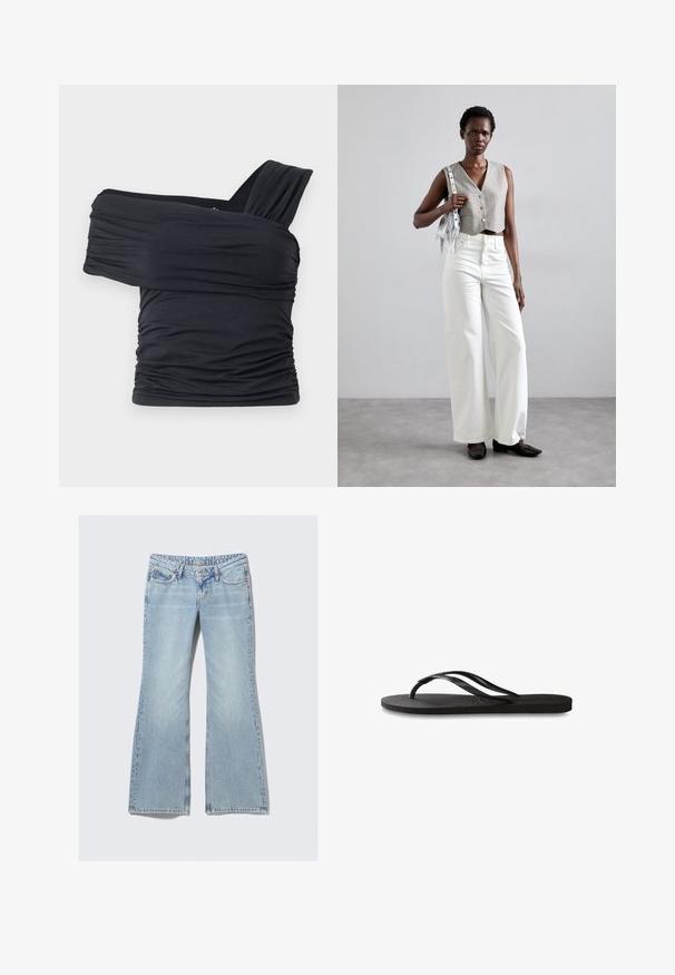 Črna majica brez naramnic, izdelana iz mehkega in raztegljivega materiala, z nabranimi detajli in širokim trakastim dizajnom na eni strani.; Weekday NOVA - Kavbojke slim fit - lip blue; Črne natikače z teksturirano gumijasto podlogo, dvema ozkima trakoma in subtilnim, vtisnjenim logom na traku.; Siv prirezani telovnik z gumbi, v kombinaciji z belimi širokimi kavbojkami in črnimi ravnimi čevlji. Opremljen z majhno srebrno torbico z resicami.