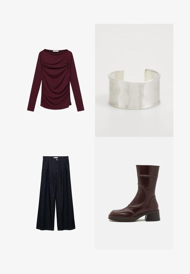 Långärmad topp, djupt bourgogne, mjukt tyg, samlad detaljering på sidorna, rund halsringning, smal passform.; Mörk denim vid-byxa med hög midja, featuring en frontknäppning, två sidofickor och stickningsdetaljer.; MIISTA MALENE - Stövletter - brown; Zign Armband - silver-coloured