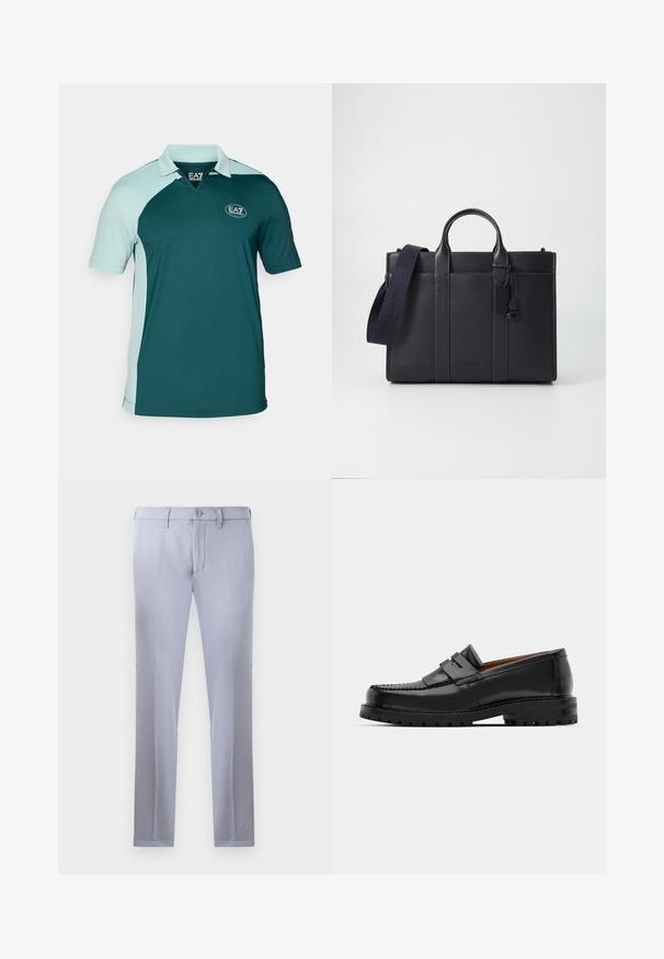 Tamsiai žalia polo marškinėliai su šviesiai mėlynomis detalėmis, trumpomis rankovėmis, apykaklės iškirpimu ir tekstūruotu audiniu, turintys EA7 logotipą.; Šviesiai pilkos pritaikytos kelnės, pagamintos iš lygios medžiagos, su mygtuko uždarymu, diržo kilpomis ir tiesiomis kojomis. Kišenių nematyti.; Juodi odiniai loafersai pasižymi pakelta siūle, dviem dekoratyviais dirželiais ant viršaus ir storu tekstūruotu padu, kad būtų užtikrintas didesnis sukibimas.; Tamsiai mėlynas odinis portfelis su dviem viršutinėmis rankenomis ir nuimamu diržu. Yra tekstūruotas paviršius, vertikalios siūlės ir logotipo detalė.