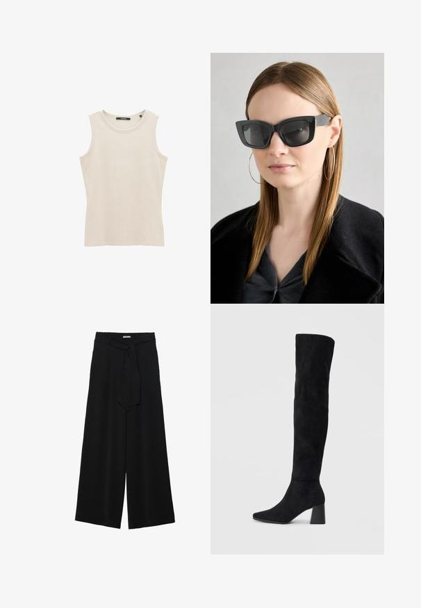 Canotta leggera beige senza maniche con scollo rotondo e silhouette aderente. Realizzata in morbido cotone.; Pantaloni neri a gamba larga caratterizzati da un tessuto testurizzato, una vita elastica e una cintura staccabile per una vestibilità regolabile.; Stivale in suede nero alto fino al ginocchio con tacco a blocco, punta affusolata e design liscio e senza cuciture su uno sfondo chiaro e semplice.; Occhiali da sole a forma di occhio di gatto neri con lenti scure, montatura spessa e dettagli sottili. Indossati con un cappotto nero e una maglia grigia, con capelli lunghi e lisci.