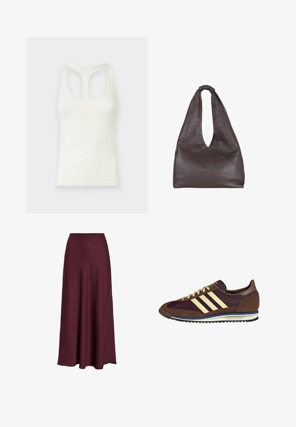 Bela majica brez rokavov iz gladkega materiala, s športnim krojem in izrezom na hrbtu. Preprosta, brez okrasnih detajlov.; Burgundska satenska maxi krila z gladko teksturo, visokim pasom in tekočim silhueto, ki se nežno širijo proti robu.; Rjavi in rdeče-burgundske teniske iz usnja in mrežastega materiala, ki imajo tri smetane stripe, teksturirano blago na jeziku in gumijast podplat.; Rjava usnjena torba s spuščeno, prenapolnjeno zasnovo. Ima zanko za ročaj in globok V-izrez za enostaven dostop. Mehka tekstura, minimalistični slog.