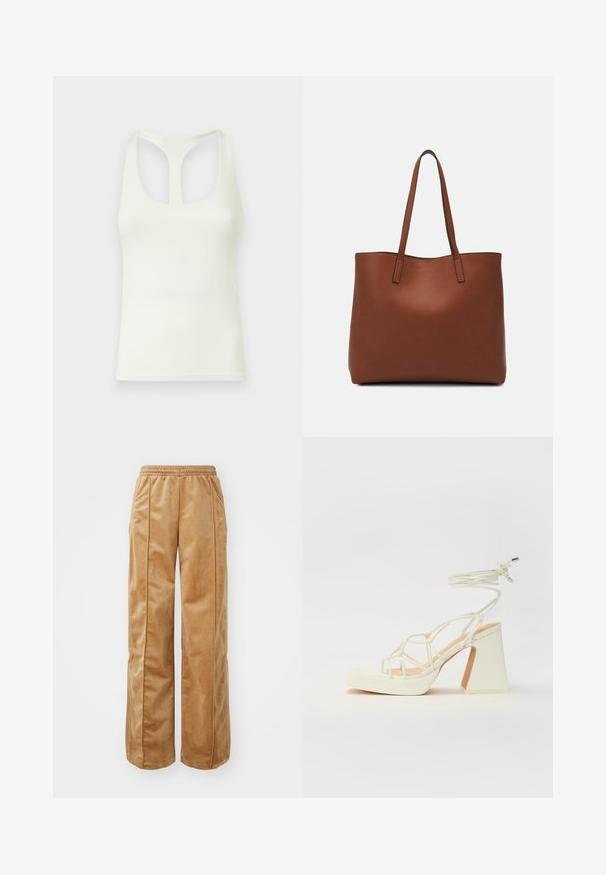 Balta bezpaša tops, izgatavots no gludas auduma, ar racerback dizainu un izgriezumu. Vienkārša, bez rotājumiem konstrukcija.; Gaiši brūnas platās kājas bikses, kas izgatavotas no mīksta, samtaina materiāla. Iezīmēta ar elastīgu jostu un vertikālām šuvēm gar priekšpusi, lai pievienotu papildu detaļas.; Baltas augstpapēžu sandales ar masīvu papēdi, ar siksnu dizainu un potītes saistītiem elementiem. Gluda tekstūra ar platformu priekšpusē, lai nodrošinātu papildu augstumu.; Brūna ādas iepirkumu soma ar gludu tekstūru, atvērta augšdaļa un divas plecu siksnas. Izceļas ar minimālām šuvēm un redzamu aparatūru nav.